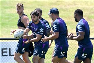 SUNSHINE COAST, AUSTRALIA - OCTOBER 21: Brandon Smith passes the ball during a Melbourne Storm NRL training session at Sunshine Coast Stadium on October 21, 2020 in Sunshine Coast, Australia. (Photo by Bradley Kanaris/Getty Images)