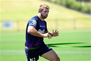 SUNSHINE COAST, AUSTRALIA - OCTOBER 21: Christian Welch runs through a training drill during a Melbourne Storm NRL training session at Sunshine Coast Stadium on October 21, 2020 in Sunshine Coast, Australia. (Photo by Bradley Kanaris/Getty Images)