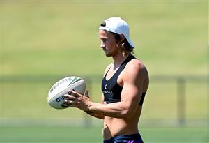 SUNSHINE COAST, AUSTRALIA - OCTOBER 21: Nicho Hynes is seen during a Melbourne Storm NRL training session at Sunshine Coast Stadium on October 21, 2020 in Sunshine Coast, Australia. (Photo by Bradley Kanaris/Getty Images)