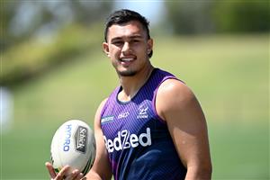 SUNSHINE COAST, AUSTRALIA - OCTOBER 21: Tino Faasuamaleaui gives a smile during a Melbourne Storm NRL training session at Sunshine Coast Stadium on October 21, 2020 in Sunshine Coast, Australia. (Photo by Bradley Kanaris/Getty Images)