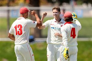 ADELAIDE, AUSTRALIA - OCTOBER 21: Liam Scott of the Redbacks celebrates during day three of the Sheffield Shield match between South Australia and Tasmania at Karen Rolton Oval on October 21, 2020 in Adelaide, Australia. (Photo by Daniel Kalisz/Getty Images)
