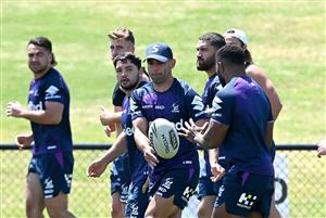 SUNSHINE COAST, AUSTRALIA - OCTOBER 21: Cameron Smith passes the ball during a Melbourne Storm NRL training session at Sunshine Coast Stadium on October 21, 2020 in Sunshine Coast, Australia. (Photo by Bradley Kanaris/Getty Images)