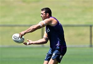 SUNSHINE COAST, AUSTRALIA - OCTOBER 21: Dale Finucane passes the ball during a Melbourne Storm NRL training session at Sunshine Coast Stadium on October 21, 2020 in Sunshine Coast, Australia. (Photo by Bradley Kanaris/Getty Images)