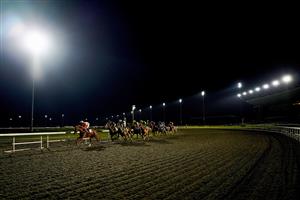 SUNBURY, ENGLAND - OCTOBER 20: A general view as runners in The Unibet Casino Handicap (Div 1) make their way towards the back straight at Kempton Park Racecourse on October 20, 2020 in Sunbury, England. Owners are allowed to attend if they have a runner at the meeting otherwise racing remains behind closed doors to the public due to the Coronavirus pandemic. (Photo by Alan Crowhurst/Getty Images)