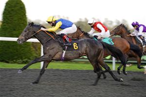 SUNBURY, ENGLAND - OCTOBER 20: Edward Greatrex riding Popmaster (blue/yellow) win The Unibet/British Stallion Studs EBF Novice Stakes at Kempton Park Racecourse on October 20, 2020 in Sunbury, England. Owners are allowed to attend if they have a runner at the meeting otherwise racing remains behind closed doors to the public due to the Coronavirus pandemic. (Photo by Alan Crowhurst/Getty Images)