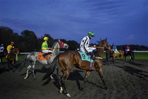SUNBURY, ENGLAND - OCTOBER 20: A general view as runners circle at the start for The Unibet Extra Place Offers Every Day Handicap at Kempton Park Racecourse on October 20, 2020 in Sunbury, England. Owners are allowed to attend if they have a runner at the meeting otherwise racing remains behind closed doors to the public due to the Coronavirus pandemic. (Photo by Alan Crowhurst/Getty Images)