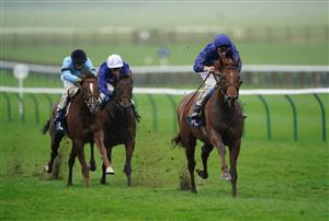 NEWMARKET, ENGLAND - OCTOBER 21: Adam Kirby on board Hurricane Lane (right) on their way to winning the British EBF Future Stayers Novice Stakes at Newmarket Racecourse on October 21, 2020 in Newmarket, England. (Photo by Tim Goode-Pool/Getty Images)