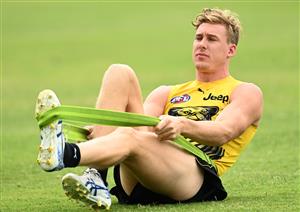 GOLD COAST, AUSTRALIA - OCTOBER 22: Tom J. Lynch of the Tigers warms up during a Richmond Tigers AFL training session at Metricon Stadium on October 22, 2020 in Gold Coast, Australia. (Photo by Quinn Rooney/Getty Images)