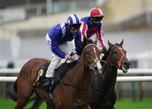 NEWMARKET, ENGLAND - OCTOBER 21: Dane O'Neill on board Numoor (left) on their way to winning the Bet 10 Get 20 At MansionBet Nursery Handicap at Newmarket Racecourse on October 21, 2020 in Newmarket, England. (Photo by Tim Goode-Pool/Getty Images)