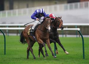 NEWMARKET, ENGLAND - OCTOBER 21: Dane O'Neill on board Numoor (left) on their way to winning the Bet 10 Get 20 At MansionBet Nursery Handicap at Newmarket Racecourse on October 21, 2020 in Newmarket, England. (Photo by Tim Goode-Pool/Getty Images)