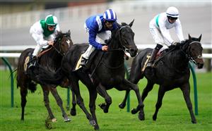 NEWMARKET, ENGLAND - OCTOBER 21: Mutasaabeq ridden by Dane O'Neill (centre) wins the Download The MansionBet App Novice Stakes at Newmarket Racecourse on October 21, 2020 in Newmarket, England. (Photo by Tim Goode - Pool/Getty Images)