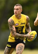 GOLD COAST, AUSTRALIA - OCTOBER 22: Dustin Martin of the Tigers looks to pass the ball during a Richmond Tigers AFL training session at Metricon Stadium on October 22, 2020 in Gold Coast, Australia. (Photo by Quinn Rooney/Getty Images)