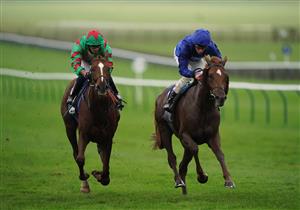 NEWMARKET, ENGLAND - OCTOBER 21: William Buick on board Act Of Wisdom (right) on their way to winning the British EBF Future Stayers Nursery Handicap at Newmarket Racecourse at Newmarket Racecourse on October 21, 2020 in Newmarket, England. (Photo by Tim Goode-Pool/Getty Images)