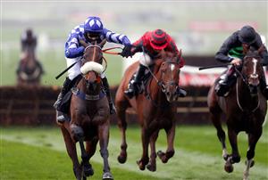 CHELTENHAM, ENGLAND - OCTOBER 23: Does He Know ridden by jockey David Bass (L) wins the Ballymore Novices' Hurdle (GBB Race) at Cheltenham Racecourse on October 23, 2020 in Cheltenham, England. (Photo by David Davies - Pool / Getty Images)