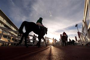 CHELTENHAM, ENGLAND - OCTOBER 23: Runners and riders after the (Old) Two Farmers Crisps Novices' Chase (GBB Race) at Cheltenham Racecourse on October 23, 2020 in Cheltenham, England. (Photo by David Davies - Pool / Getty Images)
