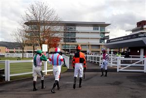 CHELTENHAM, ENGLAND - OCTOBER 23: Jockeys make their way out for the (Old) Bentley Flying Spur Handicap Chase at Cheltenham Racecourse on October 23, 2020 in Cheltenham, England. (Photo by David Davies - Pool / Getty Images)