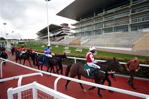 CHELTENHAM, ENGLAND - OCTOBER 23: Runners and riders after the (Old) Bentley Flying Spur Handicap Chase at Cheltenham Racecourse on October 23, 2020 in Cheltenham, England. (Photo by David Davies - Pool / Getty Images)