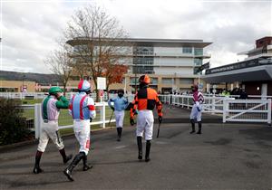 CHELTENHAM, ENGLAND - OCTOBER 23: Jockeys make their way out for the (Old) Bentley Flying Spur Handicap Chase at Cheltenham Racecourse on October 23, 2020 in Cheltenham, England. (Photo by David Davies - Pool / Getty Images)