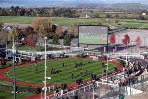 CHELTENHAM, ENGLAND - OCTOBER 23: Horses in the parade ring ahead of the squareintheair.com Handicap Hurdle at Cheltenham Racecourse on October 23, 2020 in Cheltenham, England. (Photo by David Davies - Pool / Getty Images)