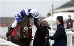 CHELTENHAM, ENGLAND - OCTOBER 24: Frodon ridden by Bryony Frost celebrate after winning the Matchbook Betting Exchange Handicap Chase at Cheltenham Racecourse on October 24, 2020 in Cheltenham, England. (Photo by David Davies - Pool/Getty Images)