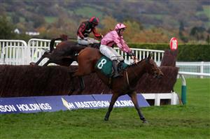 CHELTENHAM, ENGLAND - OCTOBER 24: Bermeo (back left) ridden by Angus Cheleda wins the Ryman Stationery Cheltenham Business Club Amateur Jockeys' Handicap Chase at Cheltenham Racecourse on October 24, 2020 in Cheltenham, England. (Photo by David Davies - Pool/Getty Images)