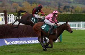 CHELTENHAM, ENGLAND - OCTOBER 24: Bermeo (back left) ridden by Angus Cheleda wins the Ryman Stationery Cheltenham Business Club Amateur Jockeys' Handicap Chase at Cheltenham Racecourse on October 24, 2020 in Cheltenham, England. (Photo by David Davies - Pool/Getty Images)