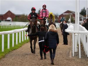 CHELTENHAM, ENGLAND - OCTOBER 24: Bermeo ridden by Angus Cheleda walk back in after winning the Ryman Stationery Cheltenham Business Club Amateur Jockeys' Handicap Chase at Cheltenham Racecourse on October 24, 2020 in Cheltenham, England. (Photo by David Davies - Pool/Getty Images)