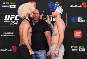 ABU DHABI, UNITED ARAB EMIRATES - OCTOBER 23: In this handout image provided by UFC, (L-R) Opponents Khabib Nurmagomedov of Russia and Justin Gaethje face off during the UFC 254 weigh-in on October 23, 2020 on UFC Fight Island, Abu Dhabi, United Arab Emirates. (Photo by Josh Hedges/Zuffa LLC via Getty Images)