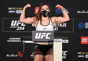 ABU DHABI, UNITED ARAB EMIRATES - OCTOBER 23: In this handout image provided by UFC, Miranda Maverick poses on the scale during the UFC 254 weigh-in on October 23, 2020 on UFC Fight Island, Abu Dhabi, United Arab Emirates. (Photo by Josh Hedges/Zuffa LLC via Getty Images)