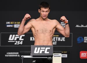 ABU DHABI, UNITED ARAB EMIRATES - OCTOBER 23: In this handout image provided by UFC, Shavkat Rakhmonov of Uzbekistan poses on the scale during the UFC 254 weigh-in on October 23, 2020 on UFC Fight Island, Abu Dhabi, United Arab Emirates. (Photo by Josh Hedges/Zuffa LLC via Getty Images)