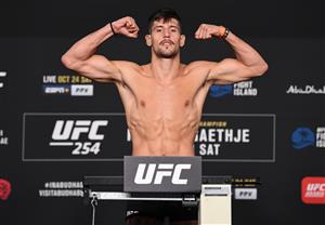 ABU DHABI, UNITED ARAB EMIRATES - OCTOBER 23: In this handout image provided by UFC, Joel Alvarez of Spain poses on the scale during the UFC 254 weigh-in on October 23, 2020 on UFC Fight Island, Abu Dhabi, United Arab Emirates. (Photo by Josh Hedges/Zuffa LLC via Getty Images)