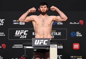 ABU DHABI, UNITED ARAB EMIRATES - OCTOBER 23: In this handout image provided by UFC, Magomed Ankalaev of Russia poses on the scale during the UFC 254 weigh-in on October 23, 2020 on UFC Fight Island, Abu Dhabi, United Arab Emirates. (Photo by Josh Hedges/Zuffa LLC via Getty Images)