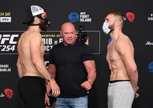 ABU DHABI, UNITED ARAB EMIRATES - OCTOBER 23: In this handout image provided by UFC, (L-R) Opponents Magomed Ankalaev of Russia and Ion Cutelaba of Moldova face off during the UFC 254 weigh-in on October 23, 2020 on UFC Fight Island, Abu Dhabi, United Arab Emirates. (Photo by Josh Hedges/Zuffa LLC via Getty Images)