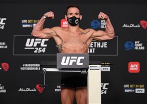 ABU DHABI, UNITED ARAB EMIRATES - OCTOBER 23: In this handout image provided by UFC, Michael Chandler poses on the scale during the UFC 254 weigh-in on October 23, 2020 on UFC Fight Island, Abu Dhabi, United Arab Emirates. (Photo by Josh Hedges/Zuffa LLC via Getty Images)