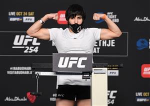 ABU DHABI, UNITED ARAB EMIRATES - OCTOBER 23: In this handout image provided by UFC, Liliya Shakirova of Uzbekistan poses on the scale during the UFC 254 weigh-in on October 23, 2020 on UFC Fight Island, Abu Dhabi, United Arab Emirates. (Photo by Josh Hedges/Zuffa LLC via Getty Images)