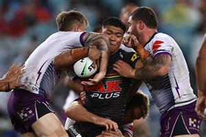 SYDNEY, AUSTRALIA - OCTOBER 25: Brian To'o of the Panthers is tackled during the 2020 NRL Grand Final match between the Penrith Panthers and the Melbourne Storm at ANZ Stadium on October 25, 2020 in Sydney, Australia. (Photo by Cameron Spencer/Getty Images)