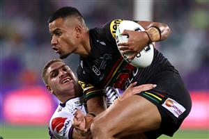 SYDNEY, AUSTRALIA - OCTOBER 25: Stephen Crichton of the Panthers is tackled during the 2020 NRL Grand Final match between the Penrith Panthers and the Melbourne Storm at ANZ Stadium on October 25, 2020 in Sydney, Australia. (Photo by Cameron Spencer/Getty Images)