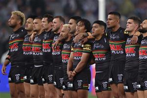 SYDNEY, AUSTRALIA - OCTOBER 25: Panthers players stand and sing the national anthem before the 2020 NRL Grand Final match between the Penrith Panthers and the Melbourne Storm at ANZ Stadium on October 25, 2020 in Sydney, Australia. (Photo by Cameron Spencer/Getty Images)