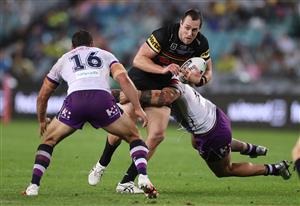 SYDNEY, AUSTRALIA - OCTOBER 25: Isaah Yeo of the Panthers is tackled during the 2020 NRL Grand Final match between the Penrith Panthers and the Melbourne Storm at ANZ Stadium on October 25, 2020 in Sydney, Australia. (Photo by Mark Kolbe/Getty Images)
