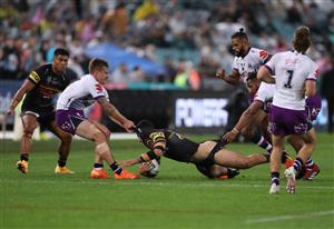 SYDNEY, AUSTRALIA - OCTOBER 25: Tyrone May of the Panthers is tackled by Cameron Munster of the Storm during the 2020 NRL Grand Final match between the Penrith Panthers and the Melbourne Storm at ANZ Stadium on October 25, 2020 in Sydney, Australia. (Photo by Mark Kolbe/Getty Images)