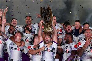 SYDNEY, AUSTRALIA - OCTOBER 25: Cameron Smith of the Storm holds aloft the Premiership trophy and celebrates with team mates after winning the 2020 NRL Grand Final match between the Penrith Panthers and the Melbourne Storm at ANZ Stadium on October 25, 2020 in Sydney, Australia. (Photo by Cameron Spencer/Getty Images)
