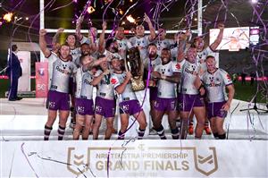 SYDNEY, AUSTRALIA - OCTOBER 25: Cameron Smith of the Storm holds aloft the Premiership trophy and celebrates with team mates after winning the 2020 NRL Grand Final match between the Penrith Panthers and the Melbourne Storm at ANZ Stadium on October 25, 2020 in Sydney, Australia. (Photo by Cameron Spencer/Getty Images)