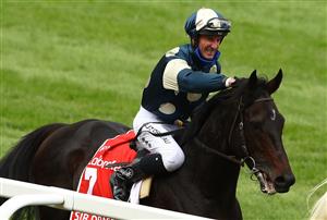 MELBOURNE, AUSTRALIA - OCTOBER 24: Glenn Boss riding #7 Sir Dragonet celebrates after winning race nine the Ladbrokes Cox Plate during Melbourne Racing Cox Plate Day at Moonee Valley Racecourse on October 24, 2020 in Melbourne, Australia. (Photo by Robert Cianflone/Getty Images)