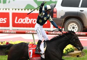 MELBOURNE, AUSTRALIA - OCTOBER 24: Glenn Boss riding #7 Sir Dragonet wins race nine the Ladbrokes Cox Plateduring Melbourne Racing Cox Plate Day at Moonee Valley Racecourse on October 24, 2020 in Melbourne, Australia. (Photo by Robert Cianflone/Getty Images)