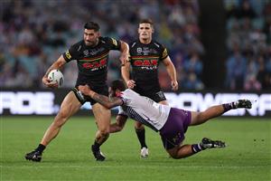 SYDNEY, AUSTRALIA - OCTOBER 25: James Tamou of the Panthers is tackled during the 2020 NRL Grand Final match between the Penrith Panthers and the Melbourne Storm at ANZ Stadium on October 25, 2020 in Sydney, Australia. (Photo by Mark Kolbe/Getty Images)
