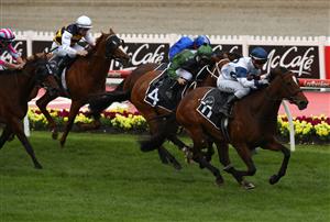 MELBOURNE, AUSTRALIA - OCTOBER 24: Jamie Kah rides #11 Miami Bound to win race eight the McCafe Moonee Valley Gold Cup during Melbourne Racing Cox Plate Day at Moonee Valley Racecourse on October 24, 2020 in Melbourne, Australia. (Photo by Robert Cianflone/Getty Images)