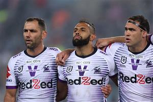 SYDNEY, AUSTRALIA - OCTOBER 25: (L-R) Cameron Smith of the Storm, Josh Addo-Carr of the Storm and Dale Finucane of the Storm sing the national anthem before the 2020 NRL Grand Final match between the Penrith Panthers and the Melbourne Storm at ANZ Stadium on October 25, 2020 in Sydney, Australia. (Photo by Cameron Spencer/Getty Images)