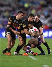 SYDNEY, AUSTRALIA - OCTOBER 25: Josh Addo-Carr of the Storm is tackled by Nathan Cleary of the Panthers during the 2020 NRL Grand Final match between the Penrith Panthers and the Melbourne Storm at ANZ Stadium on October 25, 2020 in Sydney, Australia. (Photo by Mark Kolbe/Getty Images)