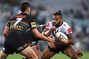 SYDNEY, AUSTRALIA - OCTOBER 25: Josh Addo-Carr of the Storm is tackled during the 2020 NRL Grand Final match between the Penrith Panthers and the Melbourne Storm at ANZ Stadium on October 25, 2020 in Sydney, Australia. (Photo by Cameron Spencer/Getty Images)