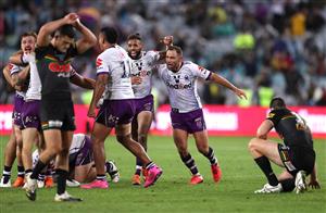 SYDNEY, AUSTRALIA - OCTOBER 25: Cameron Smith and Josh Addo-Carr of the Storm celebrate victory during the 2020 NRL Grand Final match between the Penrith Panthers and the Melbourne Storm at ANZ Stadium on October 25, 2020 in Sydney, Australia. (Photo by Mark Kolbe/Getty Images)